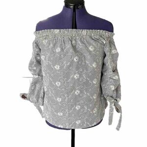 Nordstrom Socialite Navy and White Off-Shoulder Striped Floral Embroidery Top